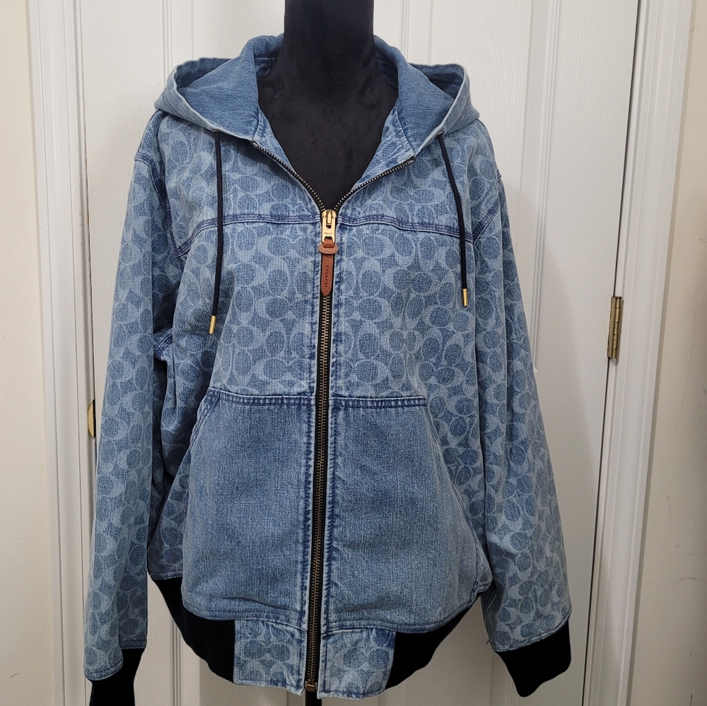 Coach Signature Denim Hooded Zip Up Jacket